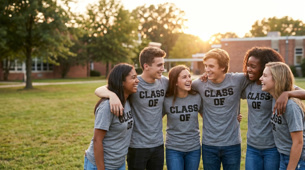 Custom-printed senior class t-shirts worn by diverse high school graduates at golden hour, made in Houston